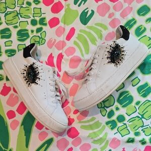 White Sneakers with Black & Teal Beaded Sunburst Detail